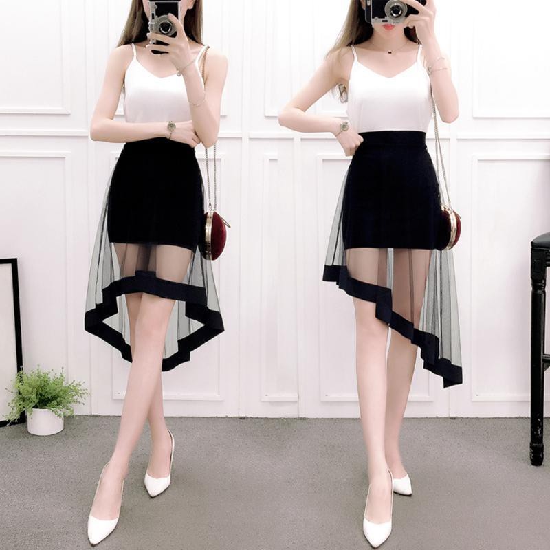 Spot free shipping girls bag hip skirt Korean fashion high waist sexy see-through black gauze mesh a-line