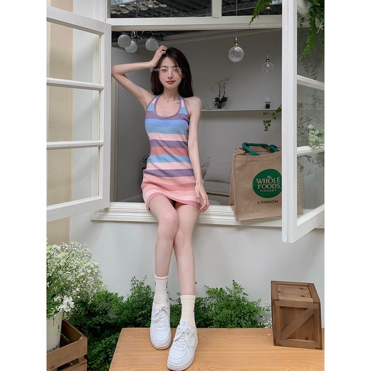 Đầm Cổ Yếm Họa Tiết Kẻ Sọc Thời Trang Mùa Hè Phong Cách Hàn Quốc Cho Nữ