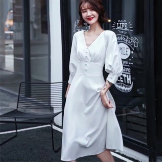 Đầm váy đi tiệc trắng nút bọc bo eo