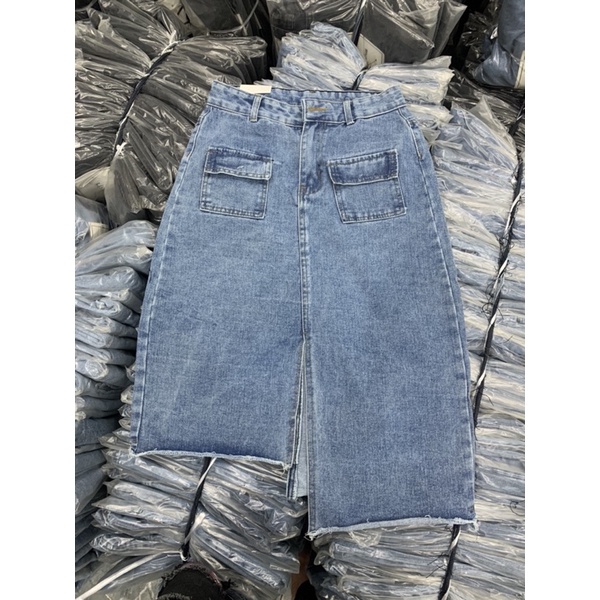 ✕⊙Chân váy bò dáng dài túi hộp xẻ lệch