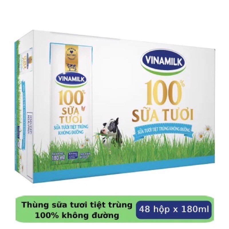 Sữa Tươi 100% Vinamilk Có Đường, Không Đường, Ít Đường Thùng 48 hộp x 180ml