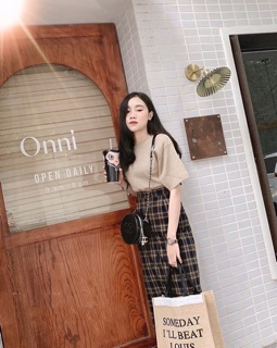Set váy vintage váy kẻ áo phông