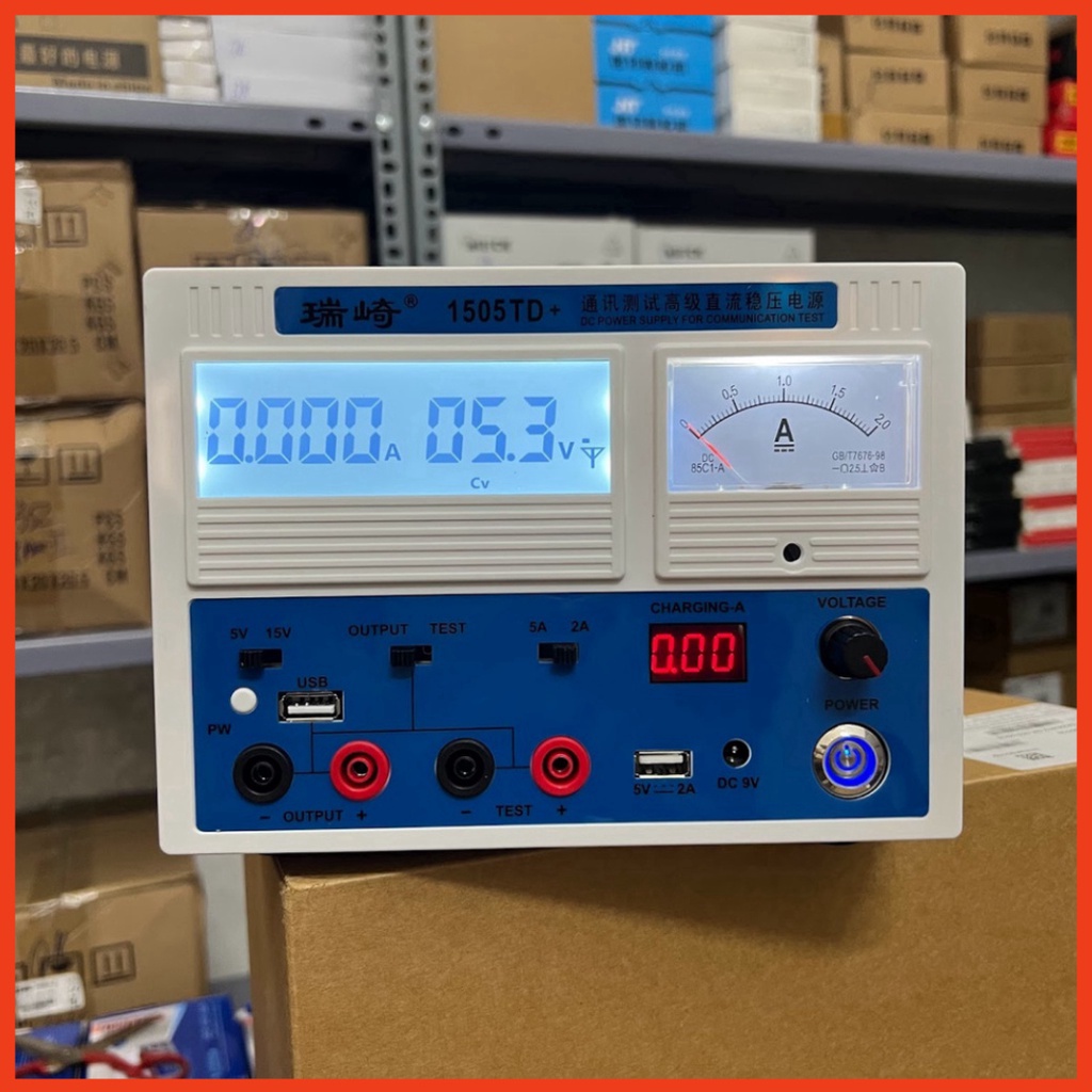 Máy cấp nguồn 15V-5A đồng hồ hiển thị cả kim và số 1505TD+