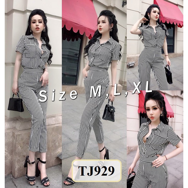 Jum 💕FREESHIP💕Jumpsuit sọc cổ sơ mi tay ngắn 2 túi xinh xắn TJ929 | WebRaoVat - webraovat.net.vn