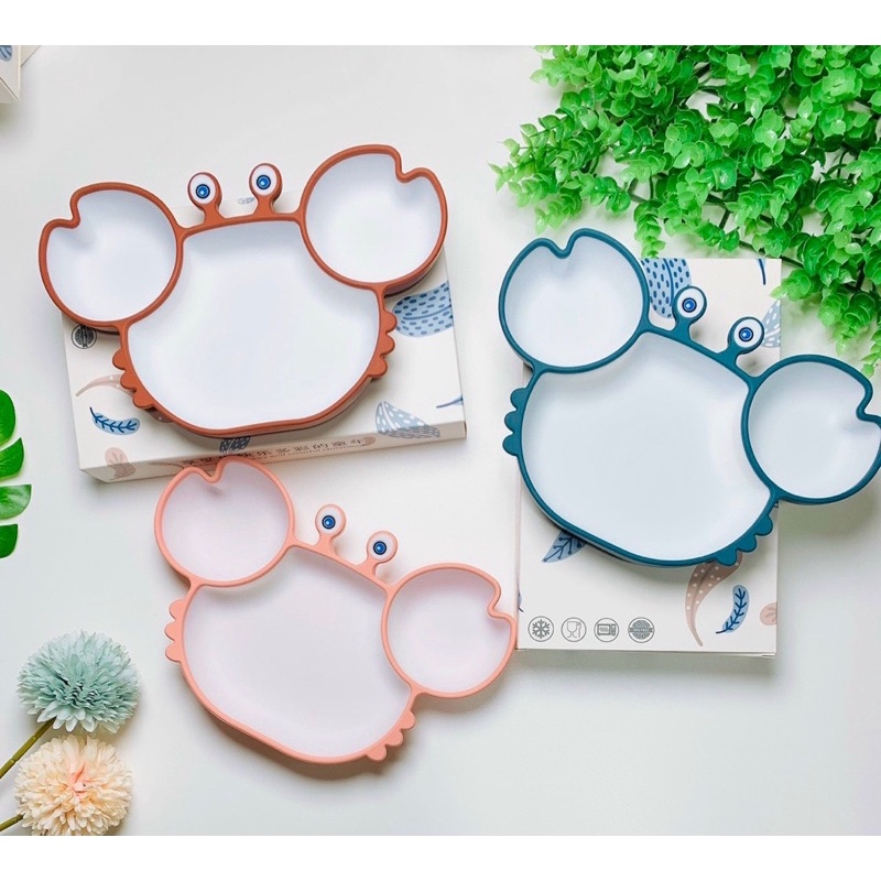 Khay hình con cua,khay hình con hà mã,khay silicon có đế dính hút chân không chống lật cho bé ăn dặm