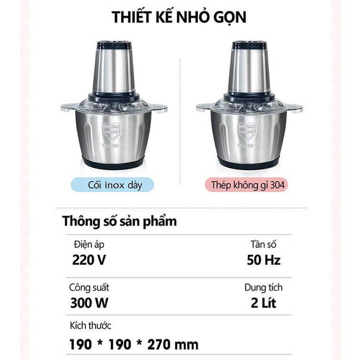 Máy xay thịt bằng tay 4 lưỡi, cối Inox 304, công suất 300w dung tích 2 lít