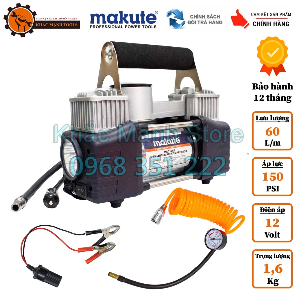Máy Bơm Lốp Xe Hơi Ô Tô 2 Xi Lanh Mini Makute MAC1202 - Có Đèn Pin Soi Sáng