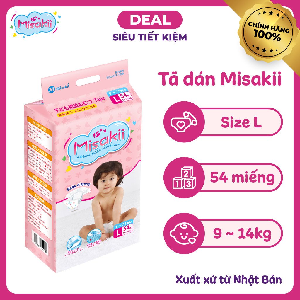 Bỉm Misakii [FREESHIP] Misakii Nhật Bản - Bỉm Siêu Mỏng Thấm Hút Tôt - Size Dán Quần NB90/S82/M64/L54/M58/L44/XL38/XXL26