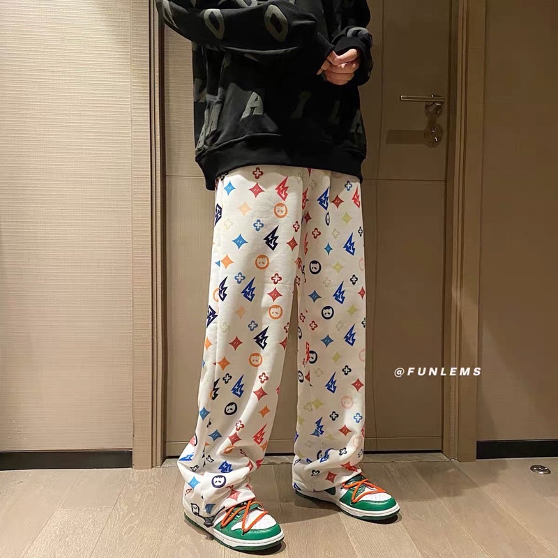 Quần Dài Ống Rộng In Hoạ Tiết Vải Thun Da Cá Ulzzang - Kiểu quần Ống Suông cạp cao phong cách hàn quốc