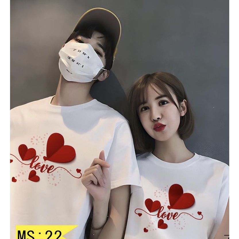 Áo Đôi Nam Nữ, Áo Phông Cặp In Hình Tim Chất Cotton Mềm Mịn