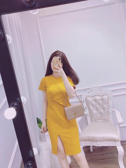 Đầm suông-váy xoắn eo cổ tròn dáng suông xẻ đùi chất cotton mát | BigBuy360 - bigbuy360.vn