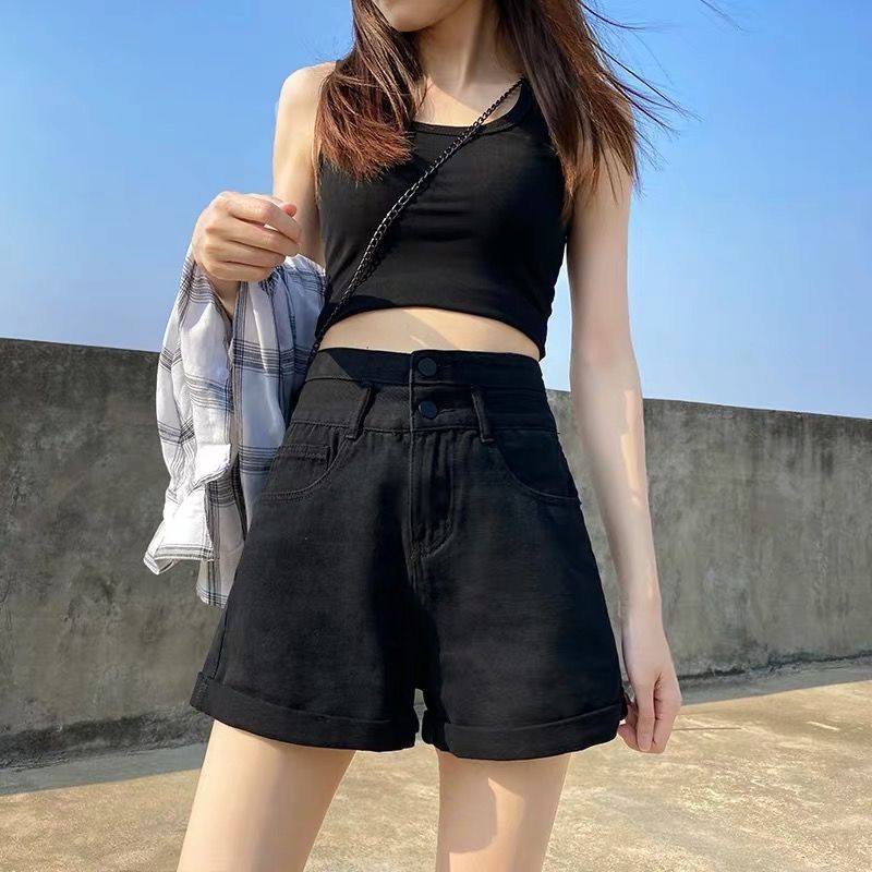 Quần Short Denim Đen Lưng Cao Ống Rộng Thời Trang Mùa Hè 2022 Cho Nữ