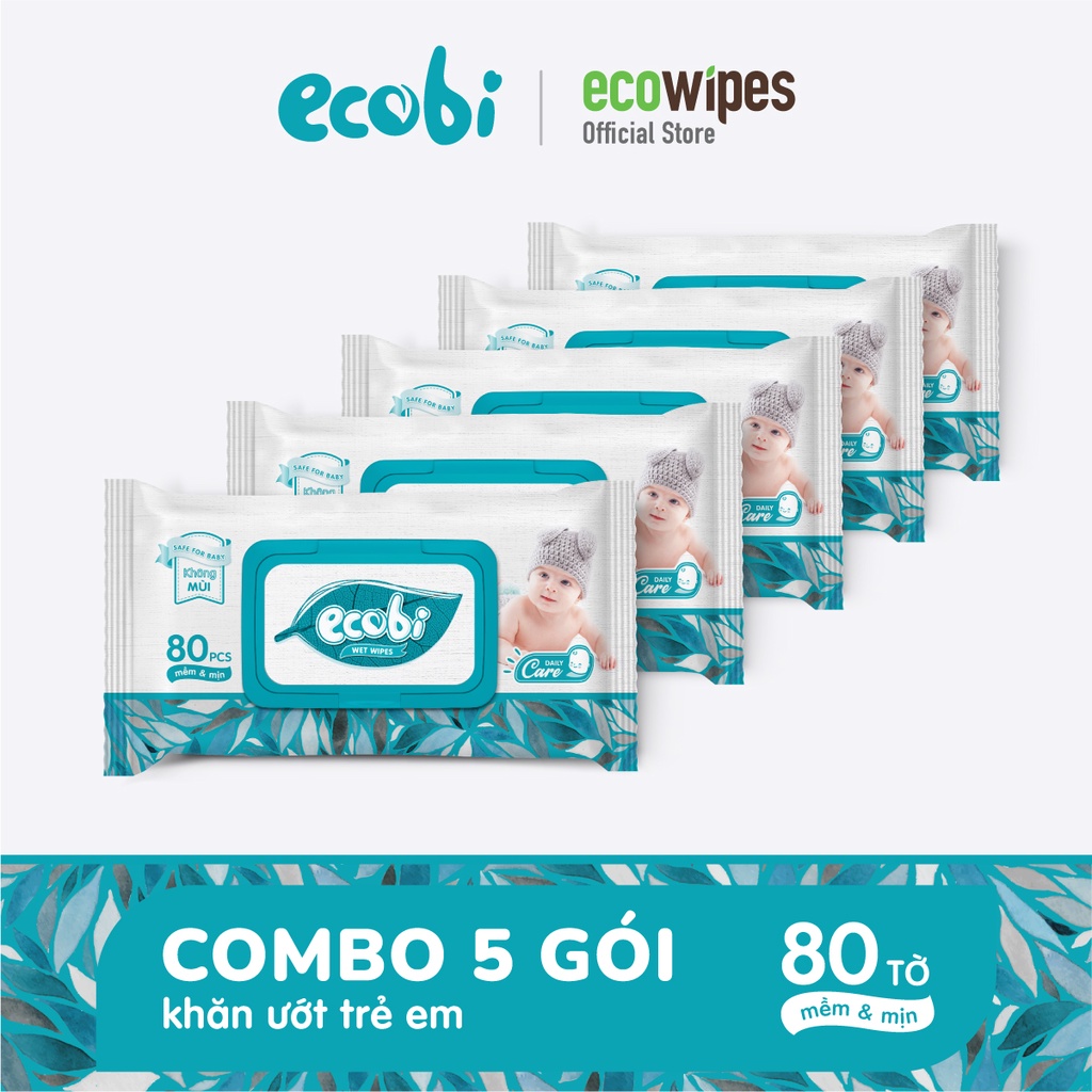 Combo 5 gói KHĂN ƯỚT EM BÉ ECOBI 80 tờ - Không mùi