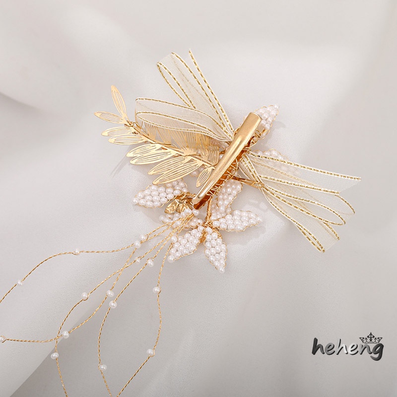 1 Bộ Kẹp Tóc Hình Hoa Lá Đính Đá &amp; Ngọc Trai Giả Thanh Lịch Cho Cô Dâu