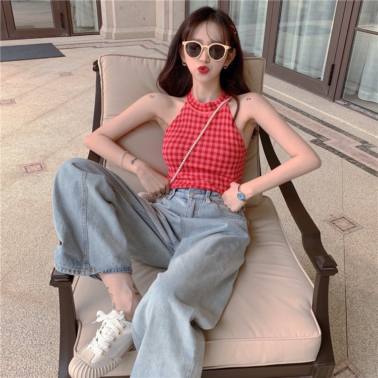 Áo kiểu ZHELIHANGFEI cổ yếm không tay ôm dáng vừa vặn phong cách Pháp thời trang mùa hè dành cho nữ