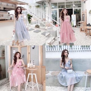 V637 Váy 2 Dây Dáng Xoè Kèm Tag Nơ Xinh Xắn , Đầm Suông Triết Ngực Sang Trọng , Chất Voan Tơ 2 Lớp Xịn Xò