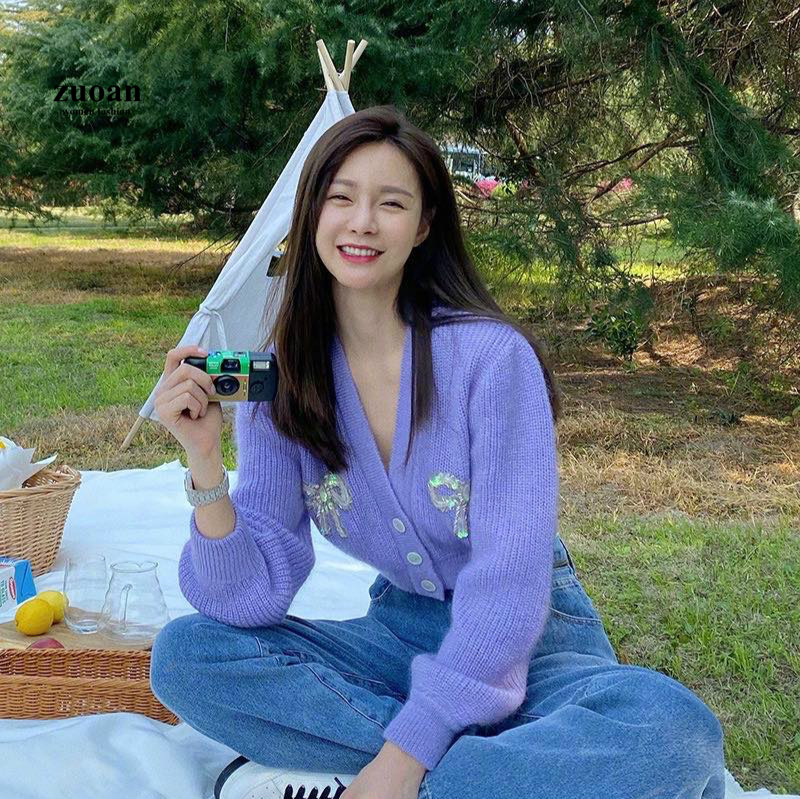 SUXI Áo Cardigan Dệt Kim Dáng Rộng Cổ Chữ V Màu Tím Phối Nơ Xinh Xắn Dành Cho Nữ