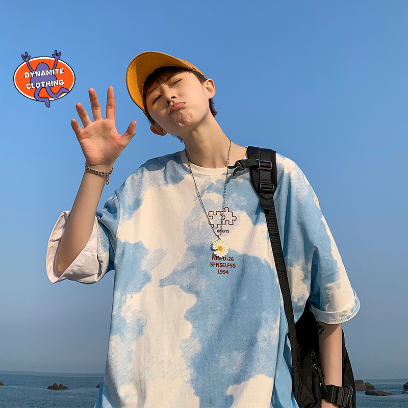 Áo Thun Tay Ngắn Cổ Tròn Form Rộng Nhuộm Màu Phong Cách Harajuku Cho Nam Size M-5Xl