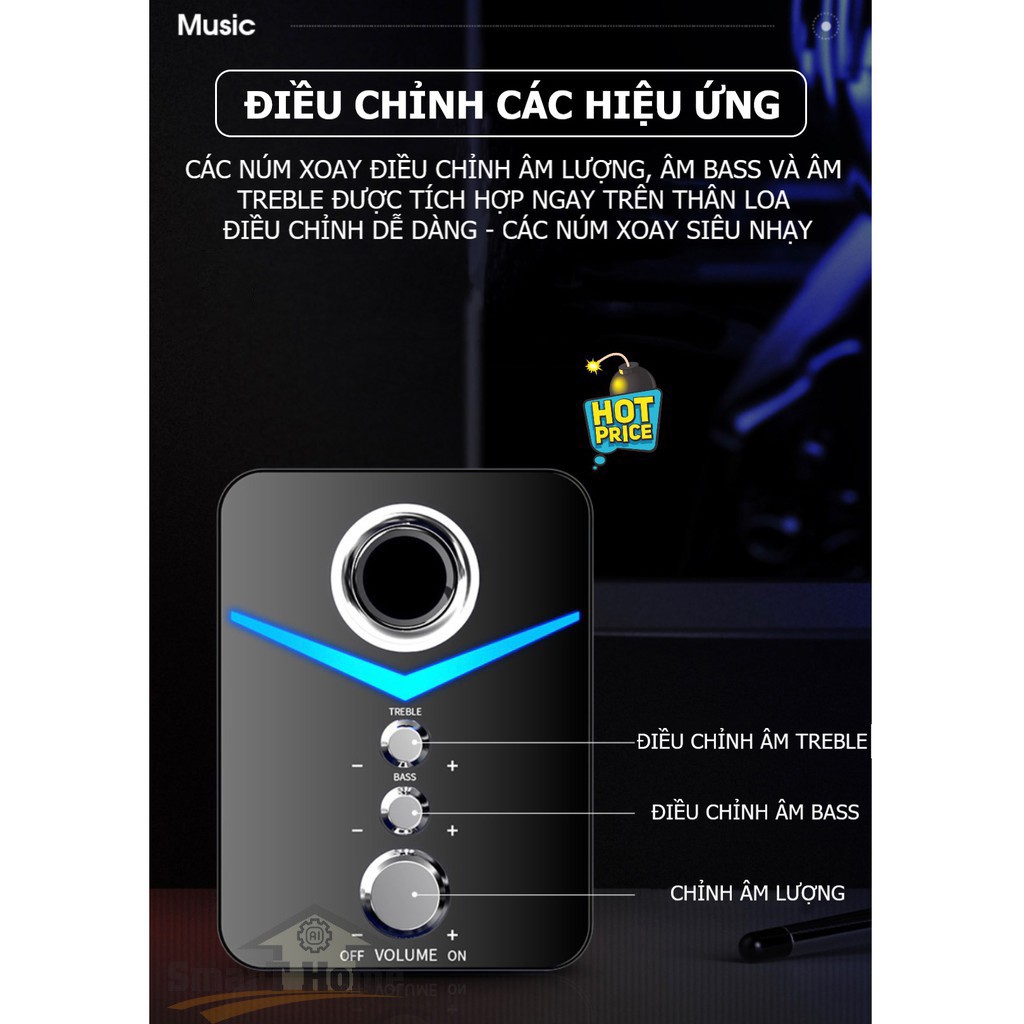 Loa Máy Tính Để Bàn Có Dây - Loa Vi Tính Bluetooth D-221 Supper Bass Có LED Cao Cấp Cho PC, Laptop, Điện Thoại