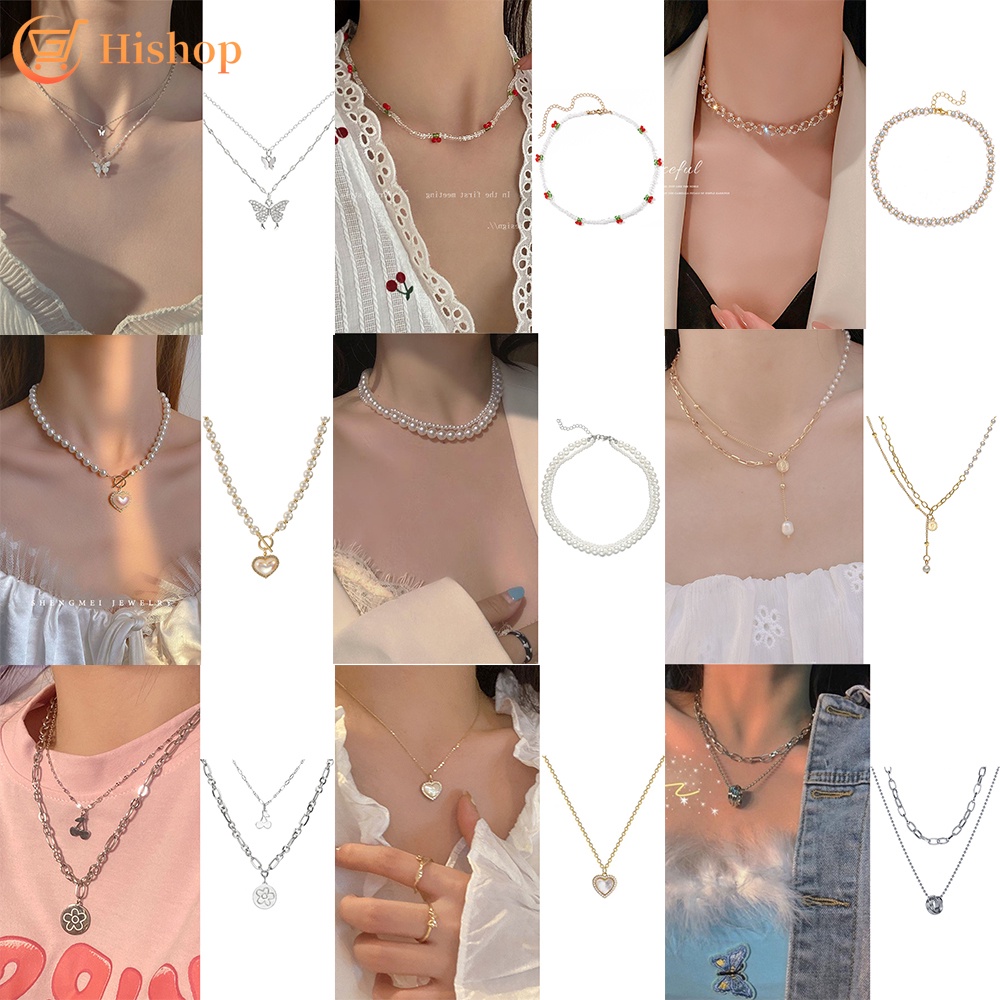 Dây Chuyền Choker Hình Hoa Bướm Đính Hạt Ngọc Trai Và Đá Kiểu Dáng Đơn Giản Thời Trang Hàn Quốc Cho Nữ