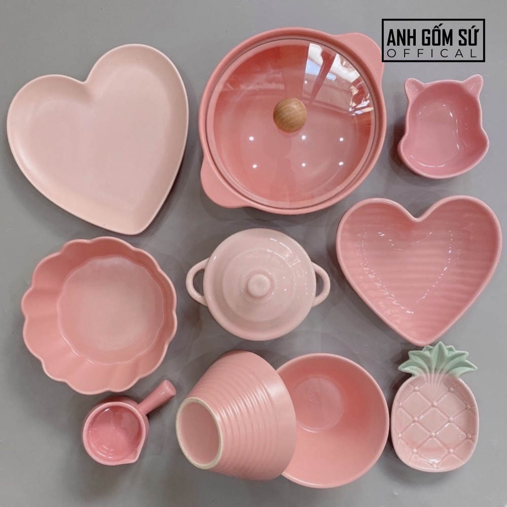 Bộ bát đĩa decor, bát ăn cơm, chén dĩa sứ màu hồng dễ thương cao cấp