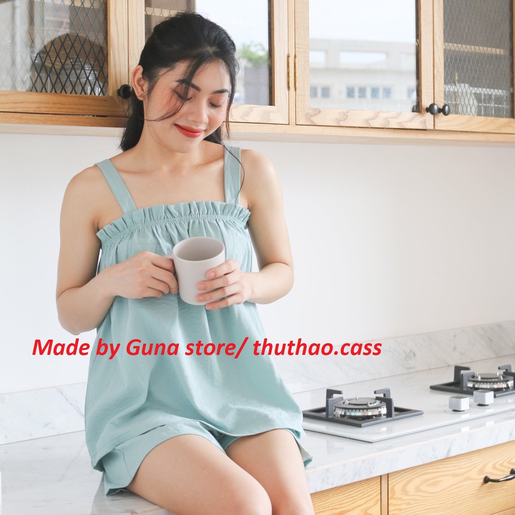 (Size M,L) Bộ Ngủ Hai Dây Họa Tiết Dễ Thương- Vải Đũi Mềm Siêu Mát.