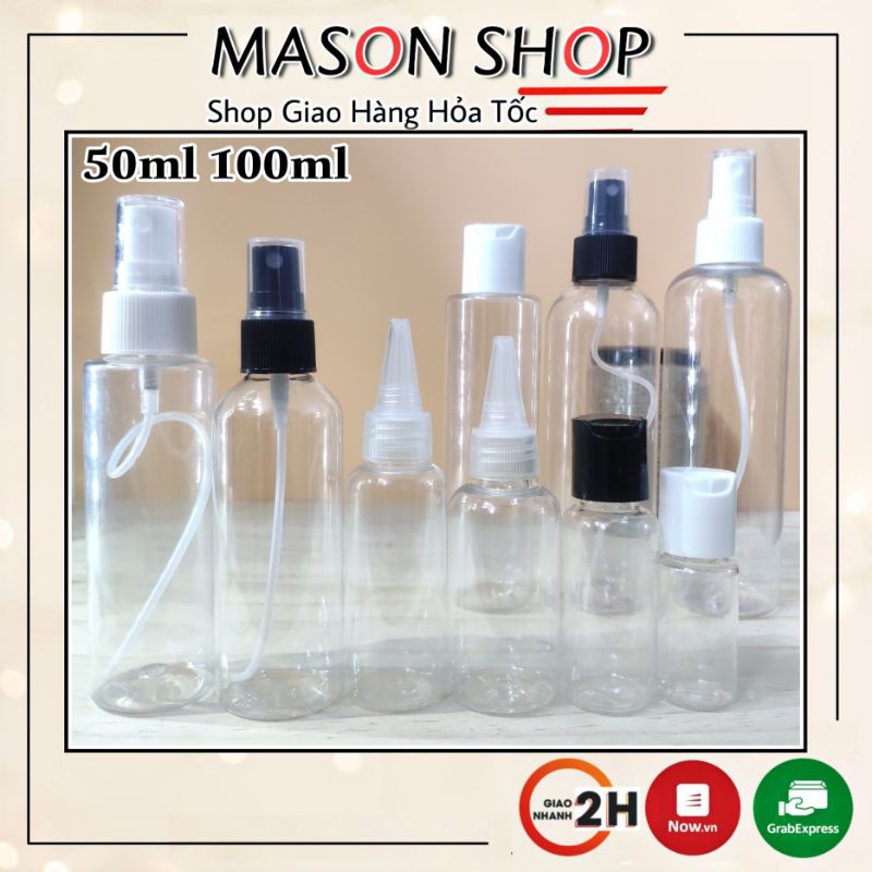 LỌ CHIẾT MỸ PHẨM XỊT PHUN SƯƠNG/NẮP BẬT NHẤN/NHỌN 50ml/100ml VỎ BÌNH CHAI NHỰA PET Trong suốt dạng VÒI XỊT