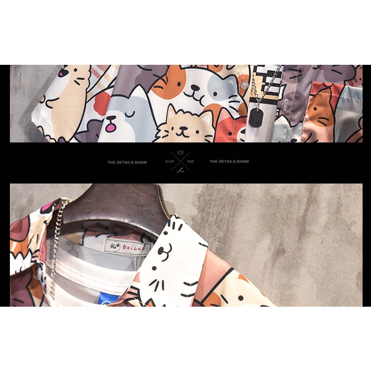 Áo sơ mi, áo sơ mi nam nữ unisex in hình mèo cute, chất vải poly mềm mát trẻ trung, cá tính QC5