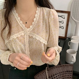 (ORDER) Áo sơ mi nữ dài tay voan hoa nhí nhấn viền ren tiểu thư thanh lịch nhẹ nhàng vintage