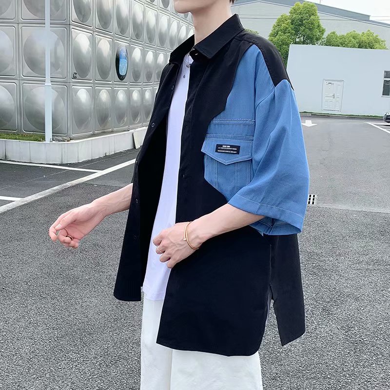 Áo Sơ Mi Nam Ngắn Tay Phối áo sơ mi unisex Thời Trang áo sơ mi nữ phong cách Hàn Quốc from rộng áo sơ mi lụa nam