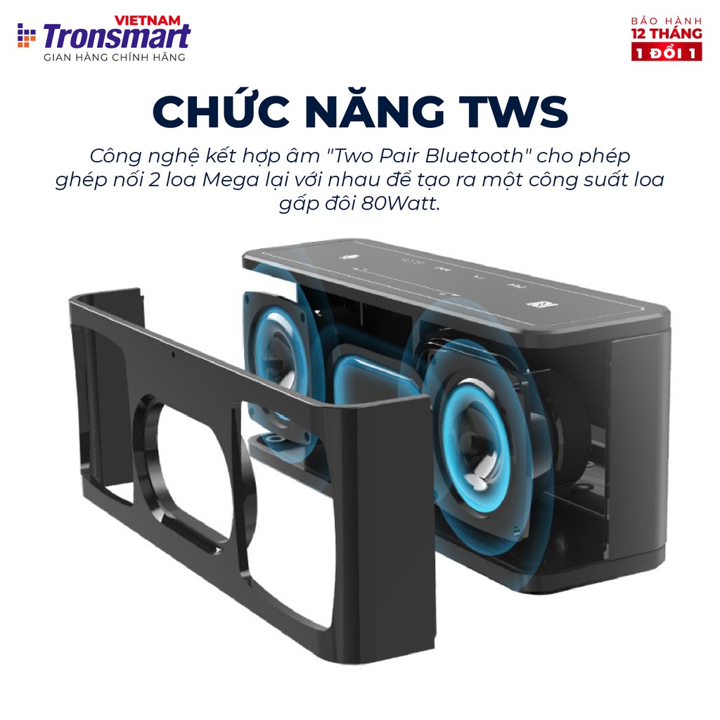 Loa Bluetooth 5.0 Tronsmart Element Mega TM-250394 40W Hỗ trợ TWS và NFC ghép đôi 2 loa - Hàng chính hãng - BH 12 tháng