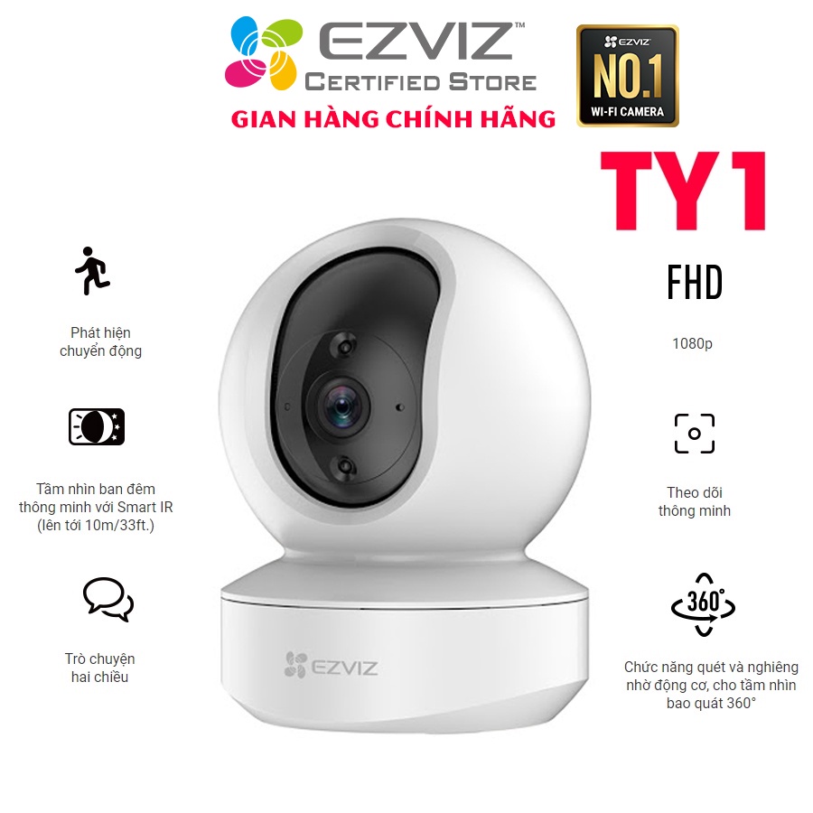 [MUA 2 TẶNG 1 QUÀ EZVIZ] Camera Wifi EZVIZ TY1 1080P xoay 360 độ trong nhà, đàm thoại 2 chiều