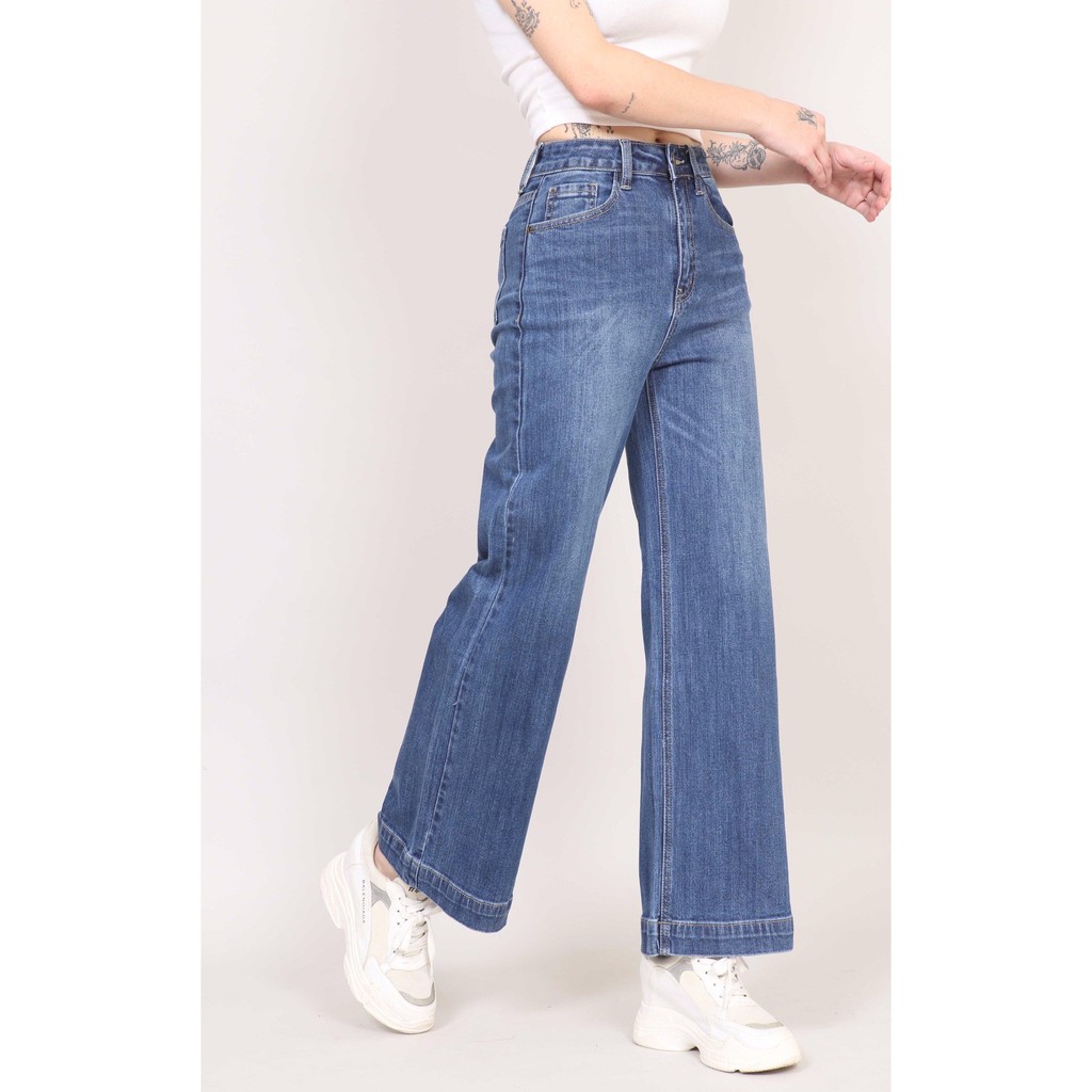 Quần Jean Nữ Ống Rộng cạp cao co giãn dáng dài trơn Gấu bản To 3cm CT JEANS