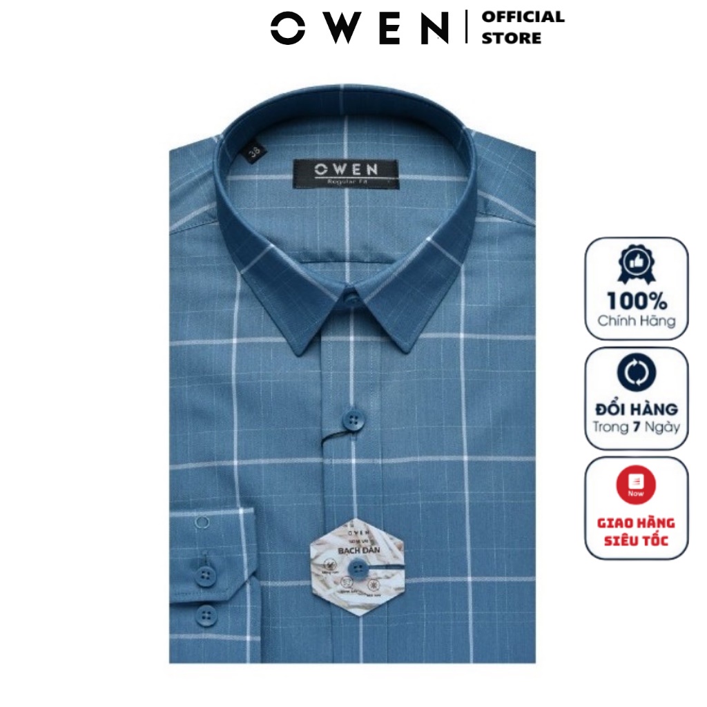 Áo Sơ Mi Nam Dài Tay Owen AR23408D Somi Công Sở Cao Cấp Màu Xanh Bạc Hà Kẻ Caro Trắng Dáng Suông Không Túi Chất Sợi Bạch