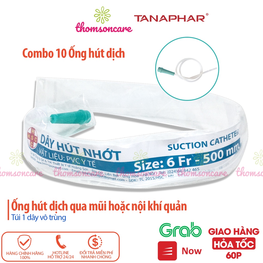 Dây hút nhớt - Combo 10 ống hút đàm, dịch y tế Tanaphar, mỗi chiếc trong túi tiệt trùng, vệ sinh