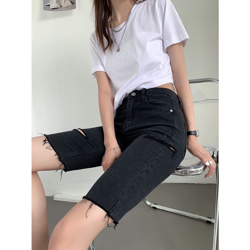 Quần Short denim Lưng Cao Co Giãn Ống Suông Thời Trang Mùa Hè 2022 Cho Nữ