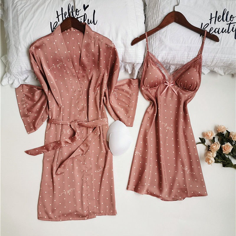 Set Đầm Ngủ Hai Dây Họa Tiết Chấm Bi Và Áo Choàng Cardigan Thời Trang Mùa Hè