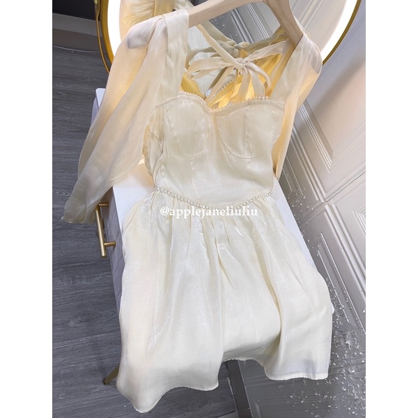 Jane Đầm dự tiệc xòe tay dài kết trân châu trắng nhỏ xinh tôn dáng