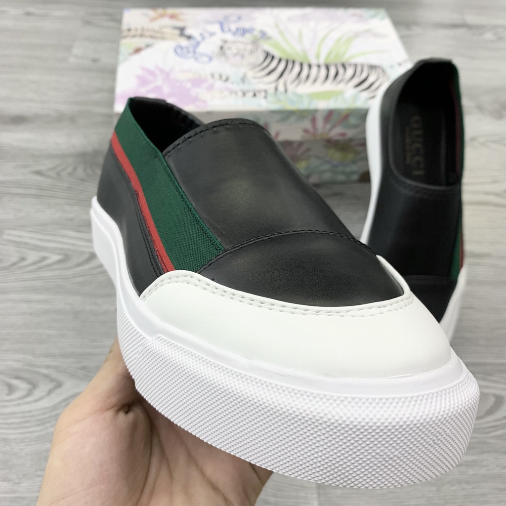 Giày Slipon Lười Nam Da Trơn Phối Vạch Chun Viền Xanh Đỏ Phối Mũi Da Trắng Đế Cao Su Siêu Sang GS31P