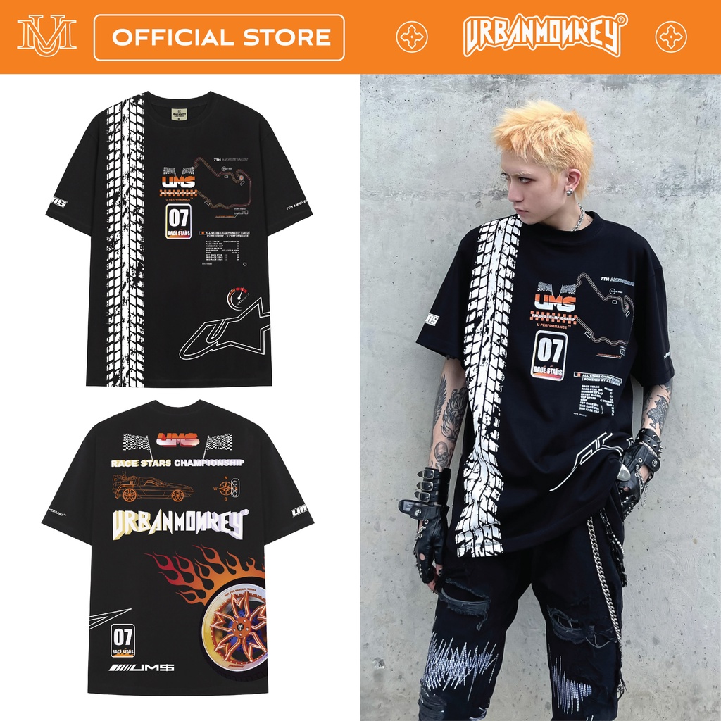 Áo Thun URAN MONKEY &TH ANNIVERSARY RACESTAR Đen Vải Cotton Hai Chiều