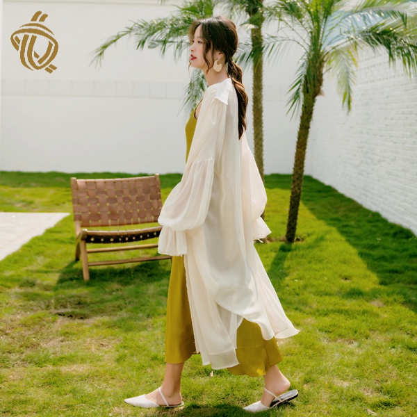 Áo Khoác Cardigan Dáng Dài Form Rộng Chất Liệu Chiffon Siêu Mỏng Thoáng Khí Phong Cách Phương Tây