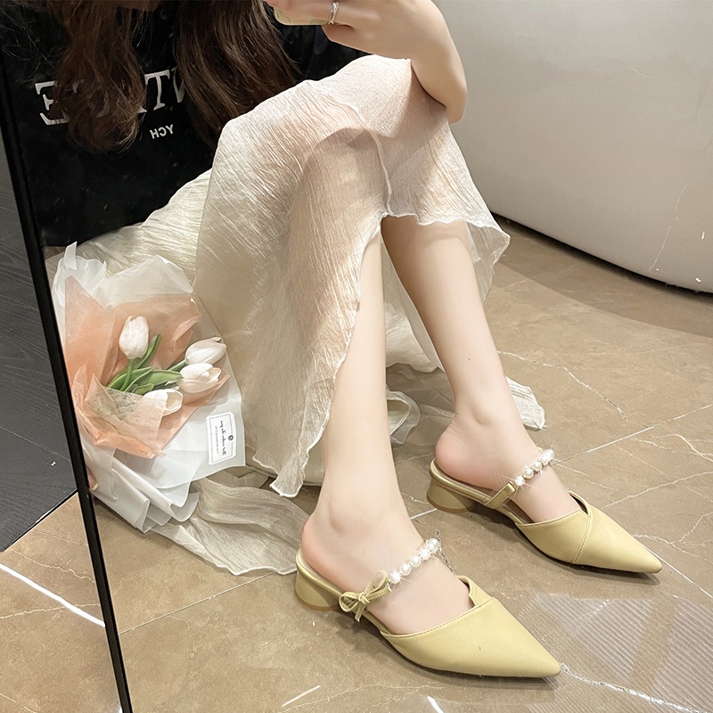 Giày Cao Gót Da Mũi Nhọn Đính Nơ Pha Lê Màu Xanh Lá Cho Nữ