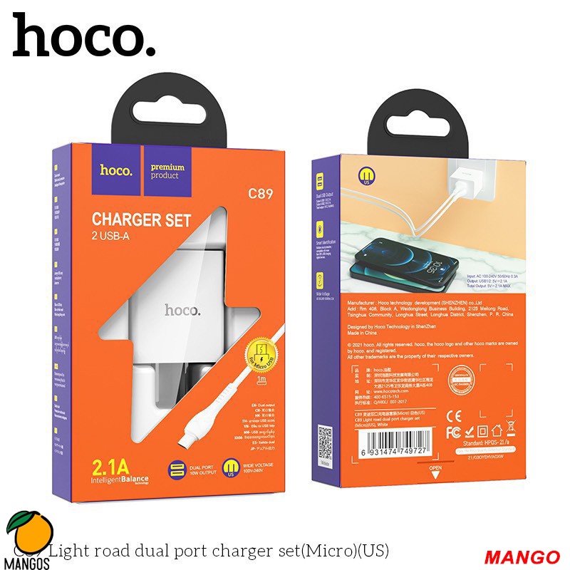 Bộ sạc nhanh HOCO C89 Củ sạc 2 cổng USB tối đa 2.1A kèm dây sạc dài 1m dùng cho tất cả điện thoại