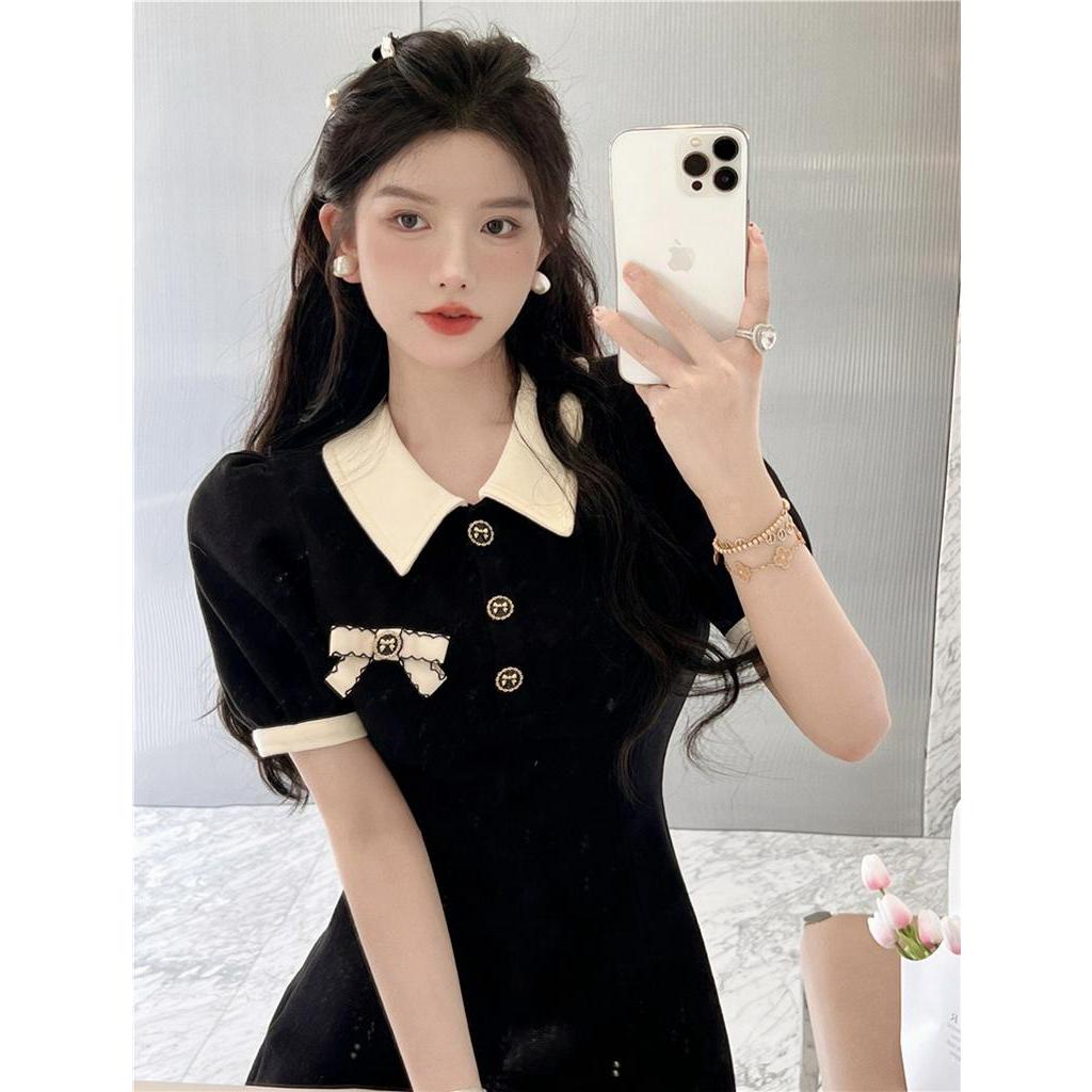 Đầm Cổ polo Tay Phồng Đính Nơ Nhỏ Ôm Dáng Dễ Thương Cho Nữ