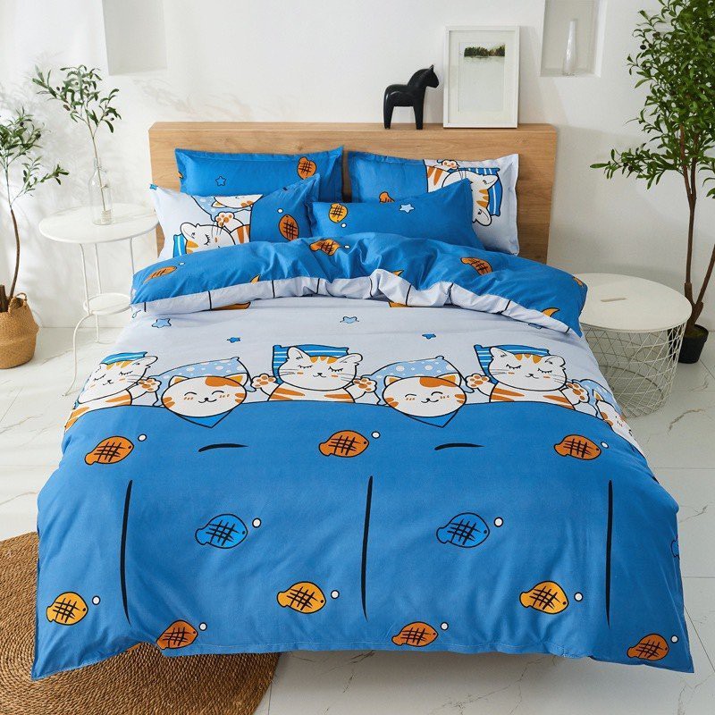 TRỌN BỘ GA GỐI COTTON POLY ĐỦ MÀU SẮC, KÍCH THƯỚC, TRANG TRÍ PHÒNG NGỦ LỘNG LẪY-MẪU MÈO CÁ XANH