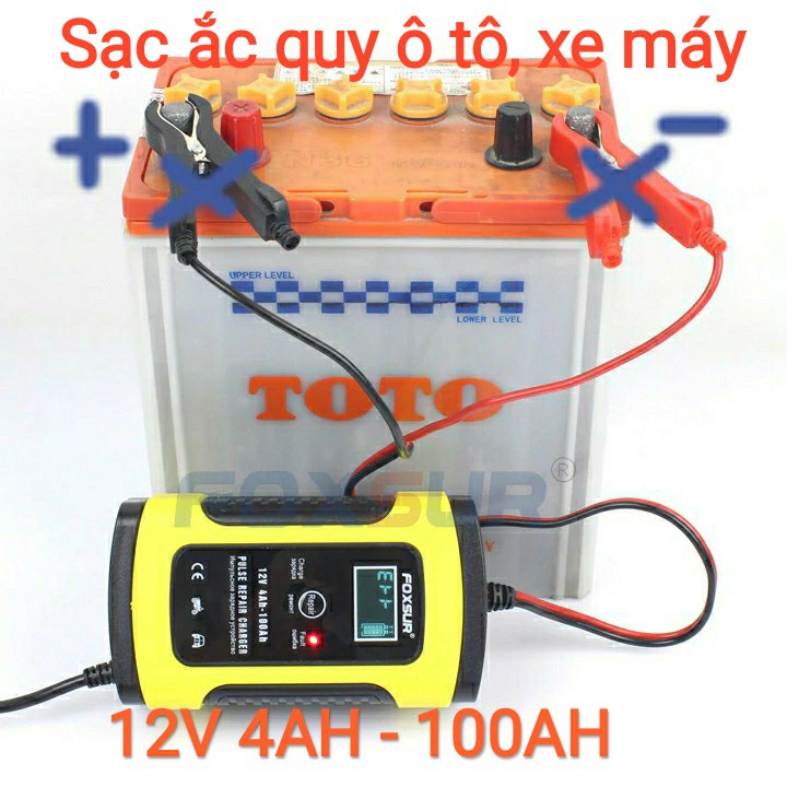 Bộ sạc điện acquy,máy sạc ắc quy FOXSUR 12V 5A kèm phục hồi bình,sạc bình acquy,tự ngắt khi đầy,khử sunfat