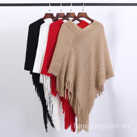 Áo choàng dệt kim chui đầu dáng rộng phối tua rua kiểu dân tộc thời trang thu đông cho nữ 7Tkv
