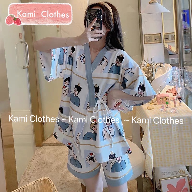 Bộ yukata ngắn tay buộc dây hình cặp đôi dễ thương, bộ Pijama nữ dây eo cộc tay icon - KAMI Clothes | BigBuy360 - bigbuy360.vn