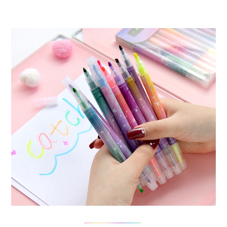 (Hàng Mới Về) Set 12 Bút Đánh Dấu Hai Đầu Thiết Kế Vỏ Lấp Lánh Ánh Sao Nhiều Màu Sắc Độc Đáo
