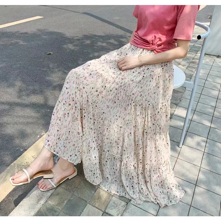 Chân váy voan BH dáng dài lưng cao in hoa thời trang mùa hè hàng mới 2022